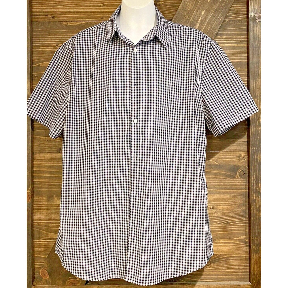 H&M Short-Sleeve Button-up Shirt  Black & White Checkered Large Easy Iron - HM5